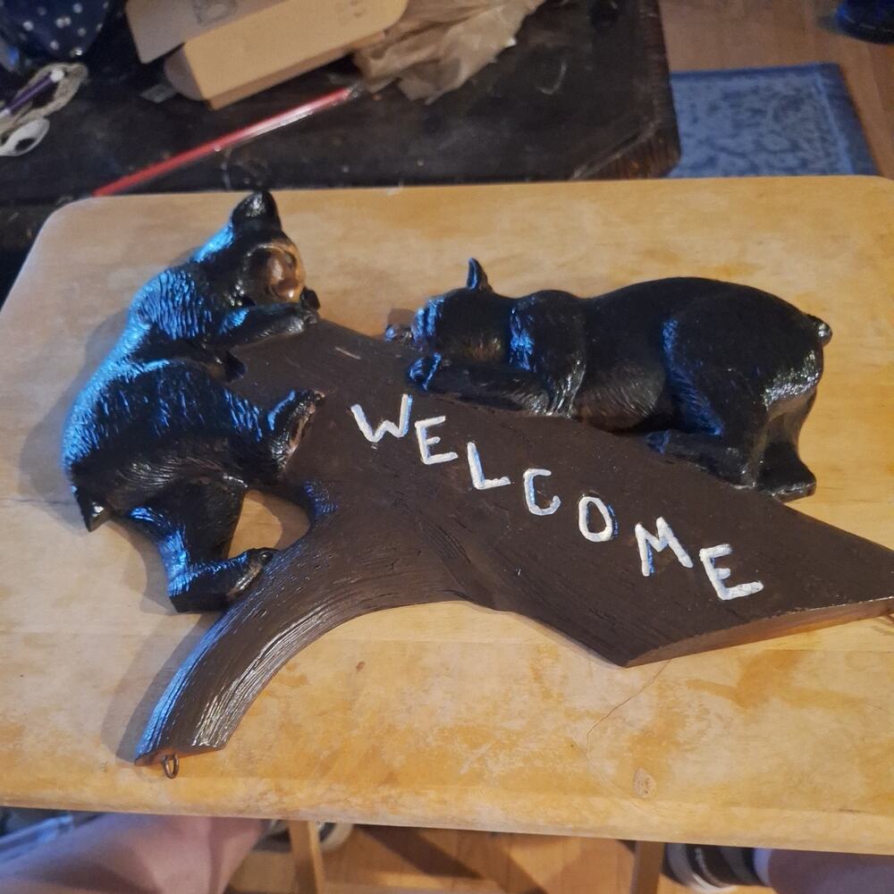 Playful Bears on log Welcome Sign Ceramic / Rustic